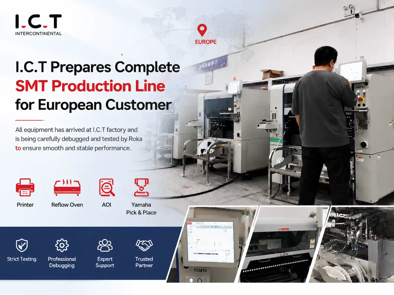 I.C.T がヨーロッパの顧客向けに完成した SMT 生産ラインを準備.webp